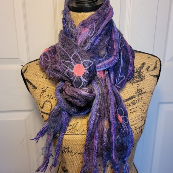 Fleurs Accessories - Fleurs Silk Raw Natural Felted Flowers Purple Pink Art to Wear Scarf Elegant